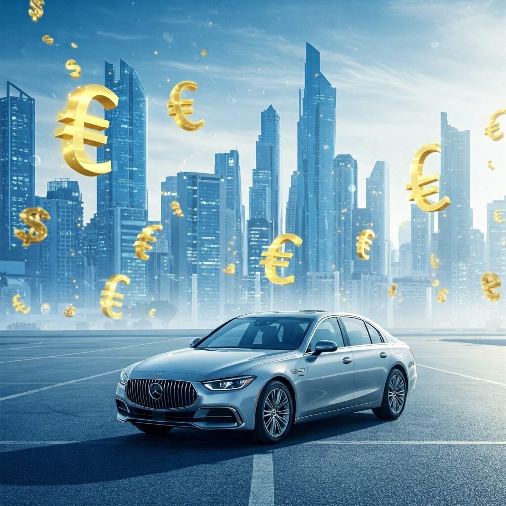 Silver car in blue city with financial symbols.