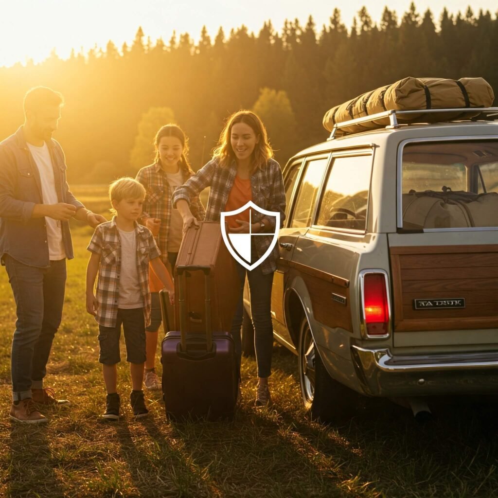 Family loads car for road trip.