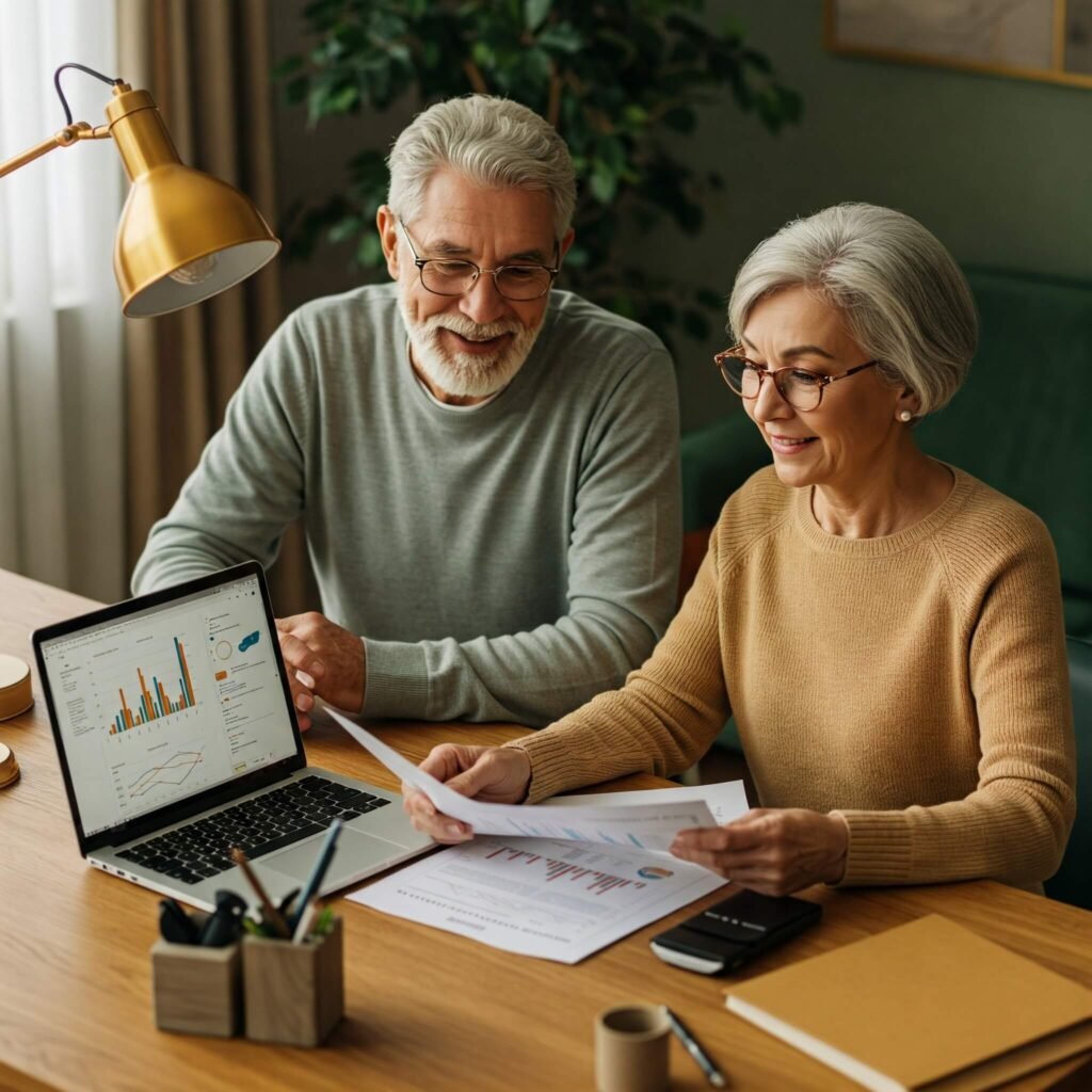 Smiling senior couple reviewing finances.