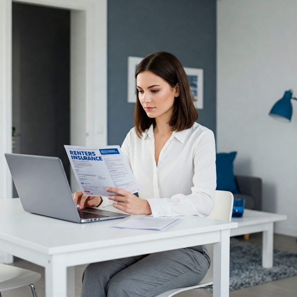 Woman reviews renters insurance on laptop.