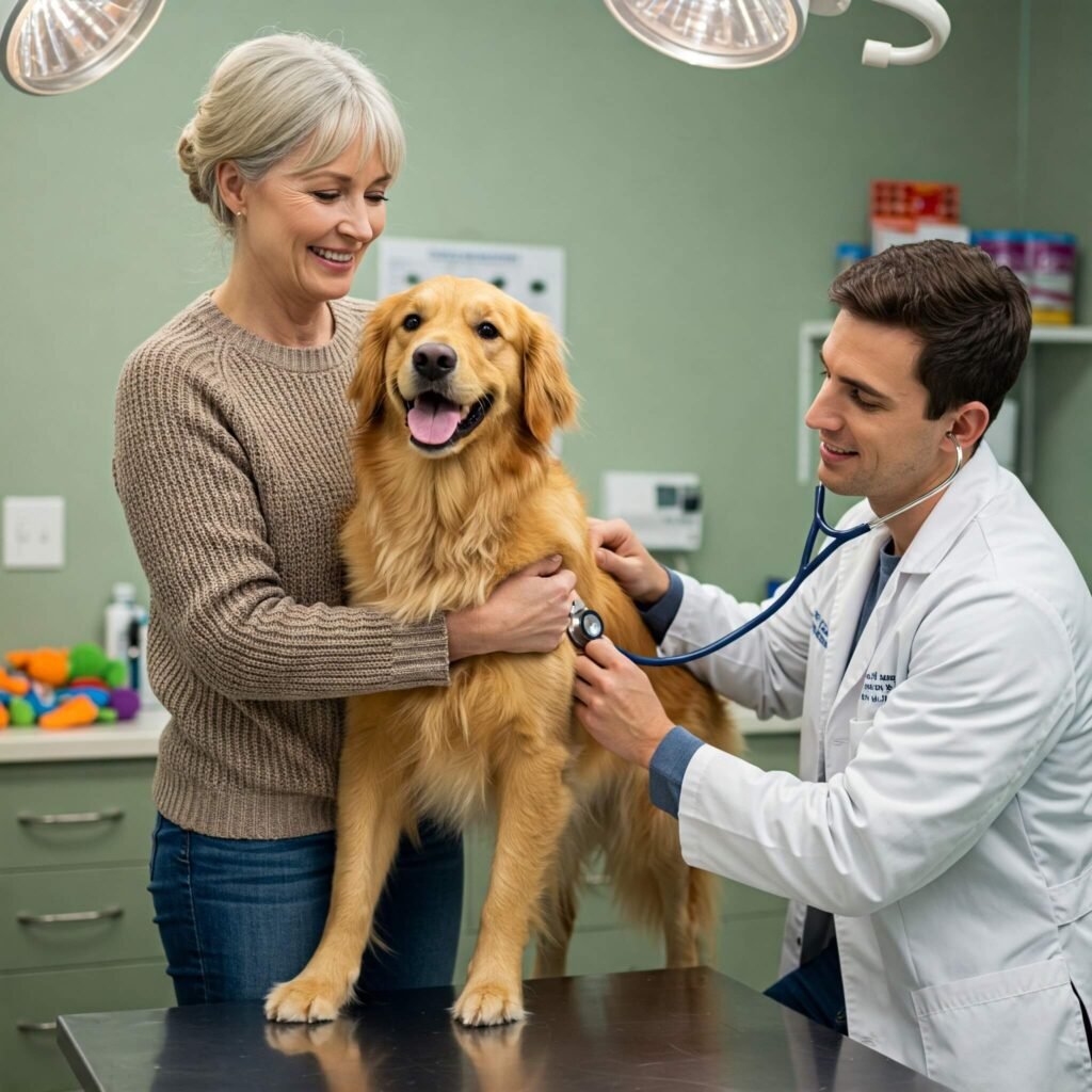 Smiling pet owner and dog at vet checkup.