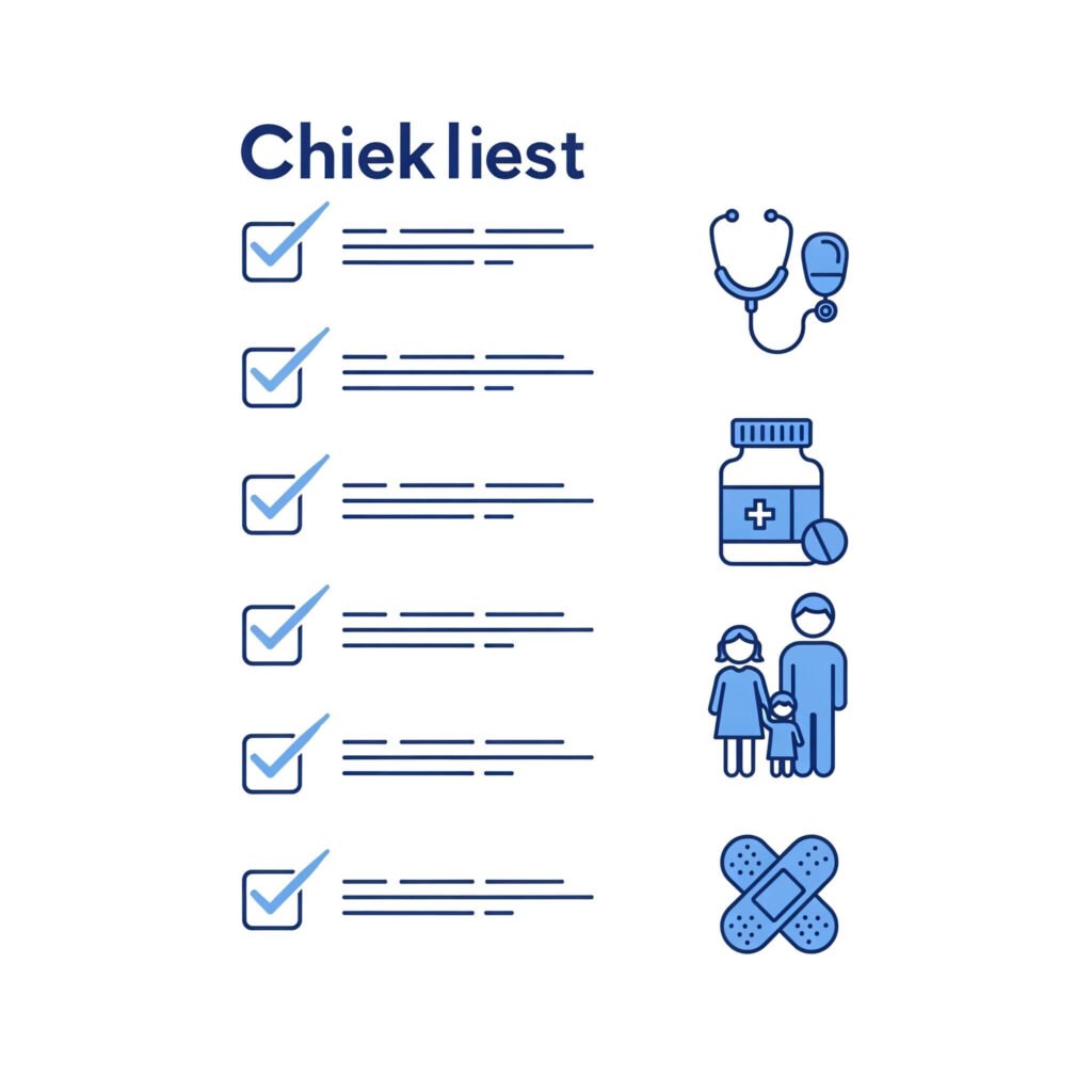Healthcare checklist with medical icons in blue and white.