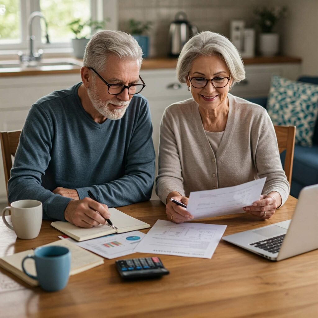 Senior couple reviewing financial documents.