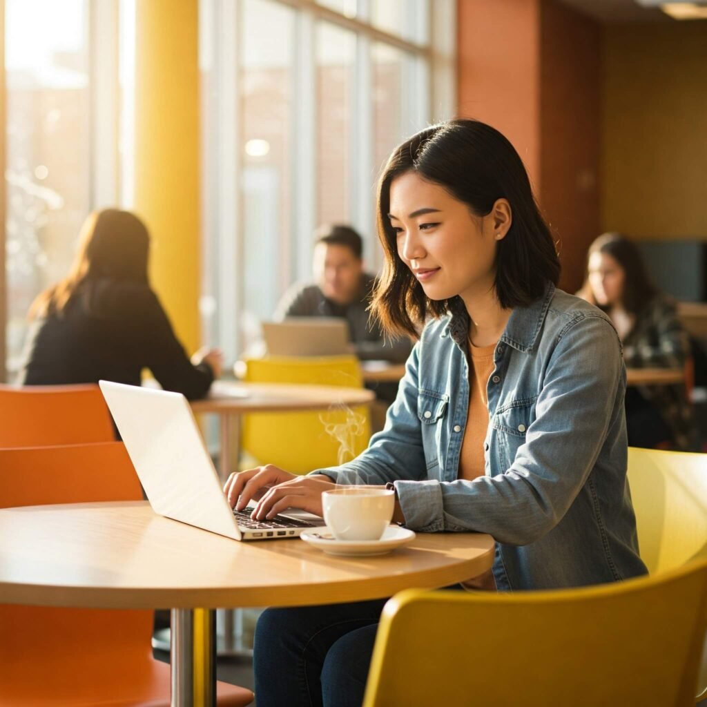 Student opening bank account online at campus cafe.