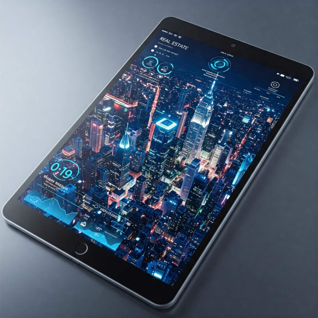 Real estate app on tablet with city skyline.