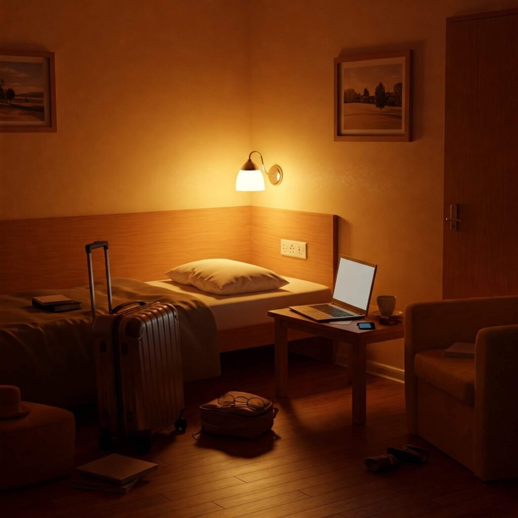 Cozy hotel room, suitcase and laptop.