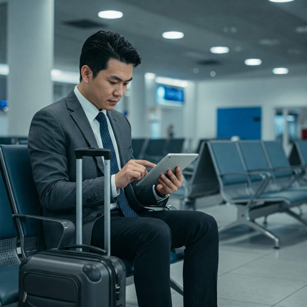 Traveler reviews insurance at airport.