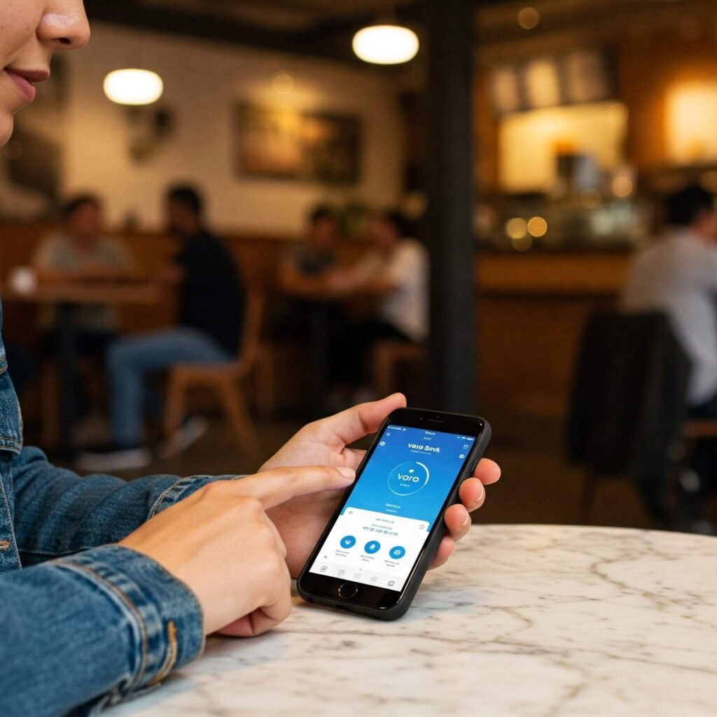 Young adult using Varo Bank app in cafe