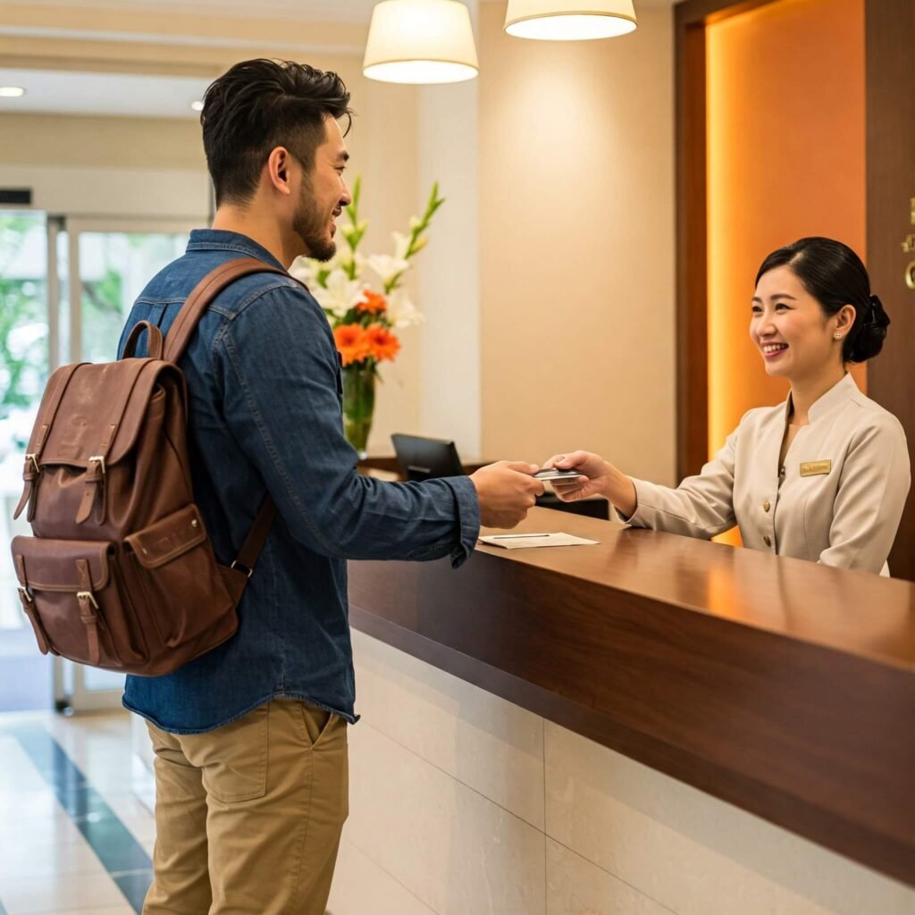Traveler checking into a hotel.