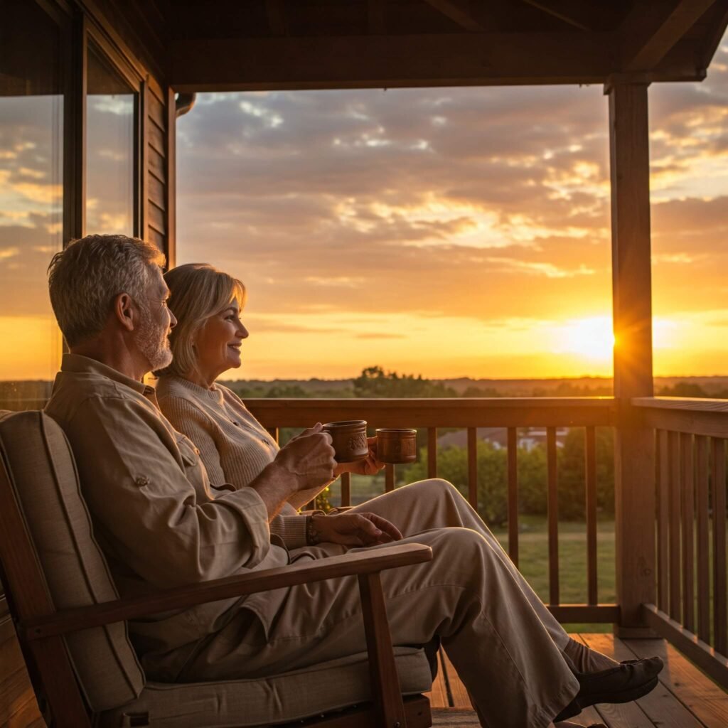 Retired couple sunset porch coffee