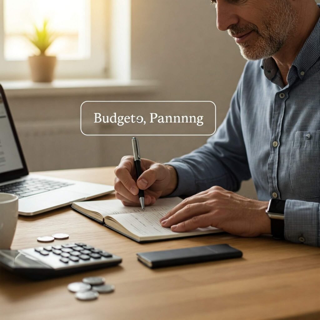 Person writing in budgeting journal at desk.