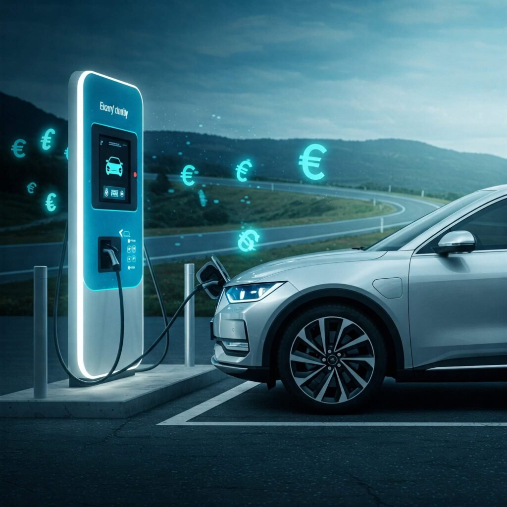 Electric car at charging station with blue and green hues.