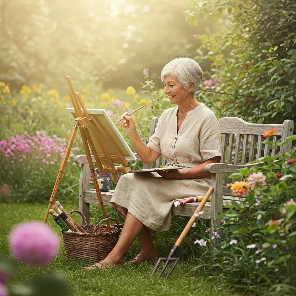 Concise description: "Retiree painting in a peaceful garden setting."
I aimed for a description under 125 characters that captures the essence of the image.
Would you like me to generate any other images or provide additional information?