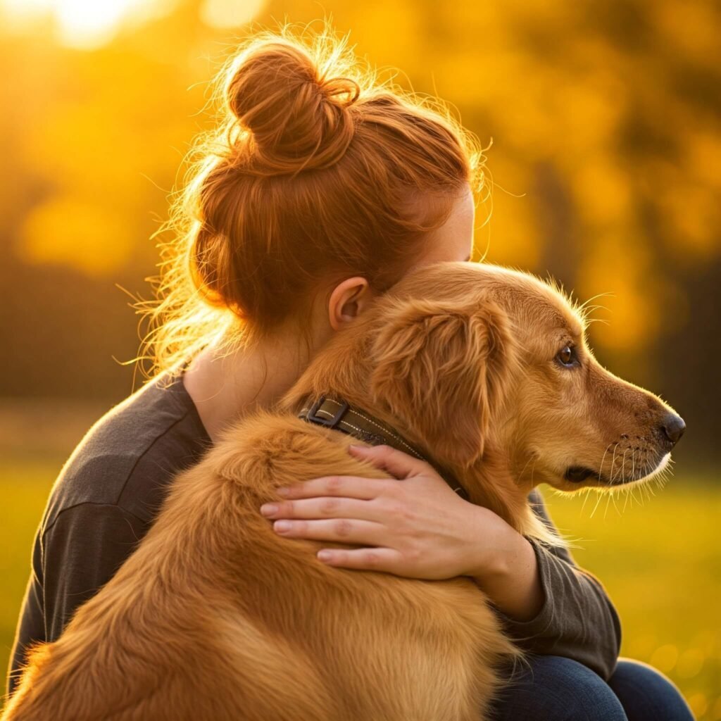 Pet owner hugging dog.