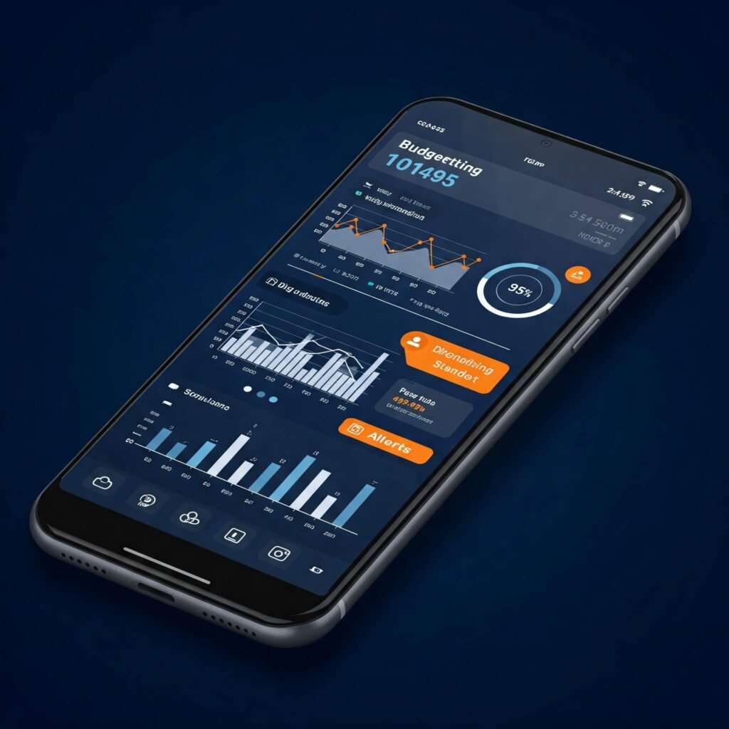 Budget app mockup with charts and alerts.