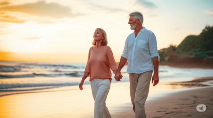 Retired couple walking beach sunset