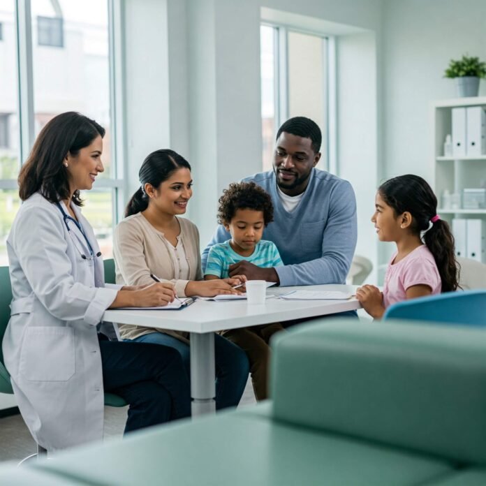 A diverse family consults with a friendly doctor in a modern, reassuring clinic.