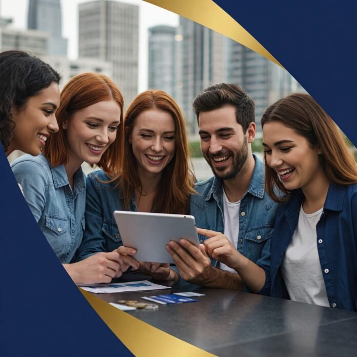 Young adults review credit cards on tablet with city view.