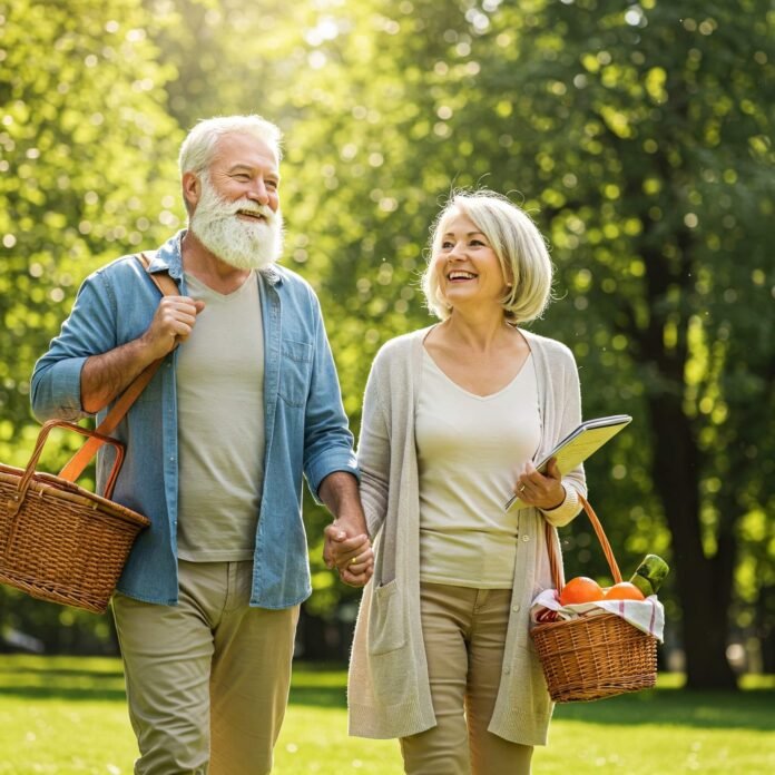 Happy retired couple walking in sunny park.