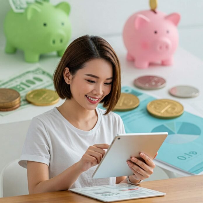 Smiling with budget on tablet