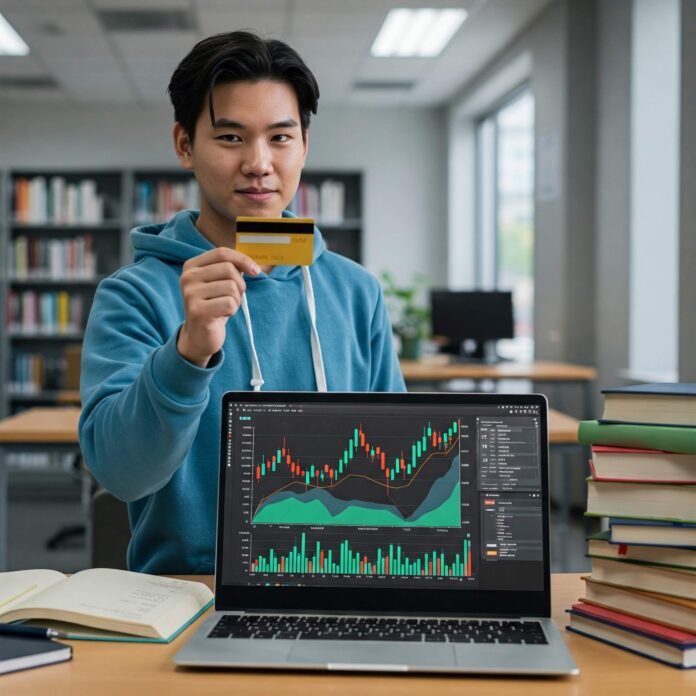 Confident student with debit card and financial charts.