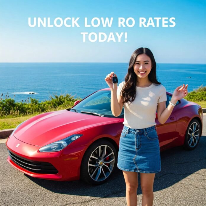 Red car, smiling driver, ocean view