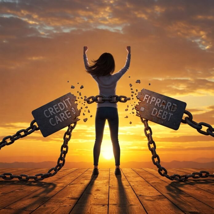 Breaking free from credit card debt at sunrise.