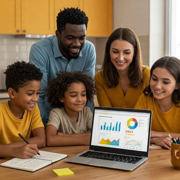 Happy family budgeting together.