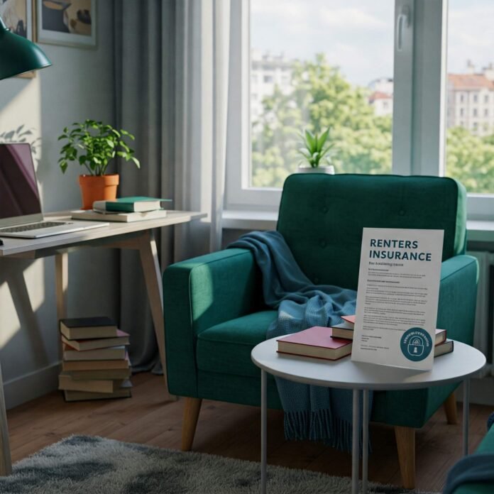 Cozy apartment, renters insurance on table.