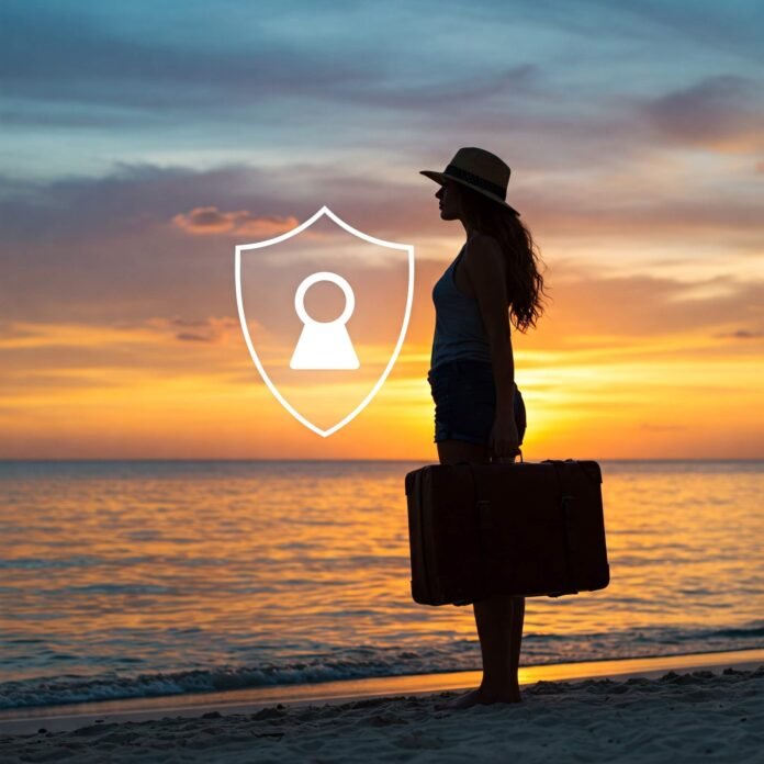 Protected beach travel at sunset.