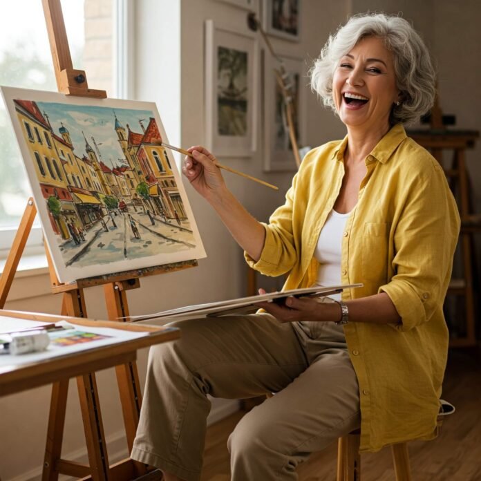 Joyful retiree painting