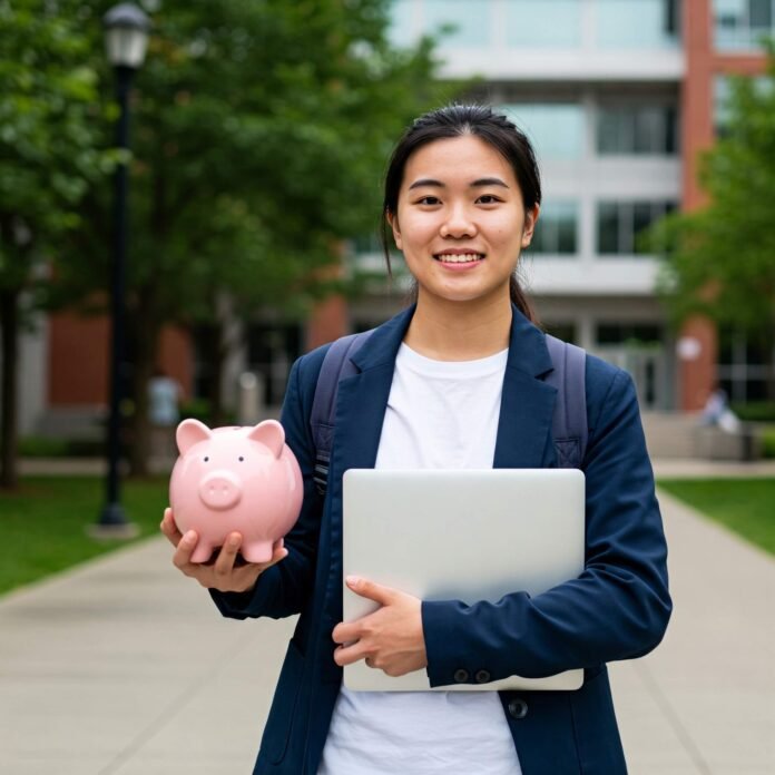 Student with piggy bank and laptop on campus.