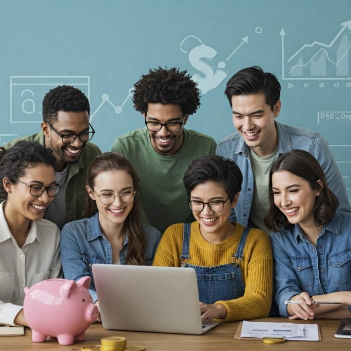 Diverse group collaborating on finances.