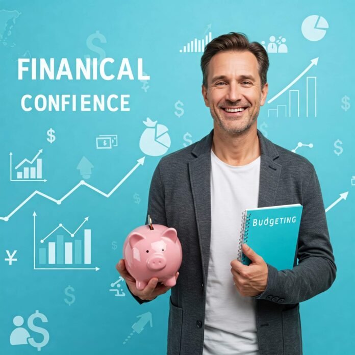 Cheerful person with piggy bank and budgeting notebook.