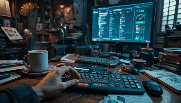 My chaotic desk setup with top investment apps glowing on screen