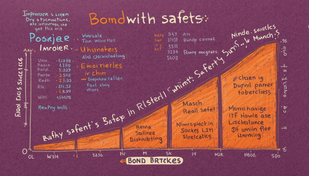 Sketched bond benefits chart in mauve and orange, highlighting safety for bonds vs. stocks investing.