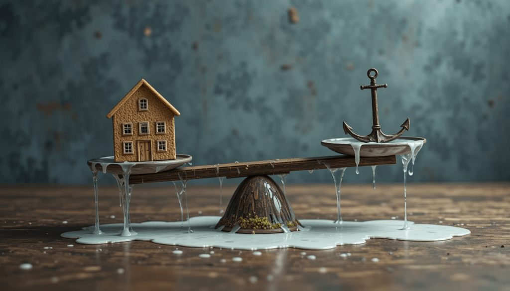 Scale teetering with house icons on pros, anchors on cons