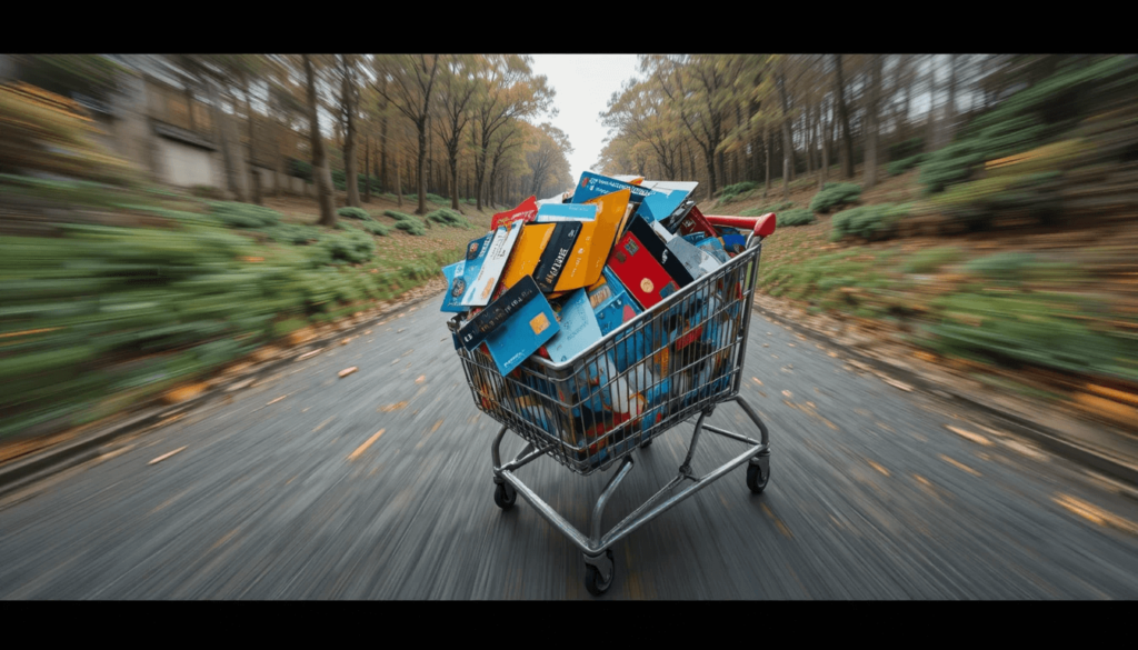 Shopping cart filled with lender cards tumbling down a hill—from my driveway skid mark view, unusual motion blur
