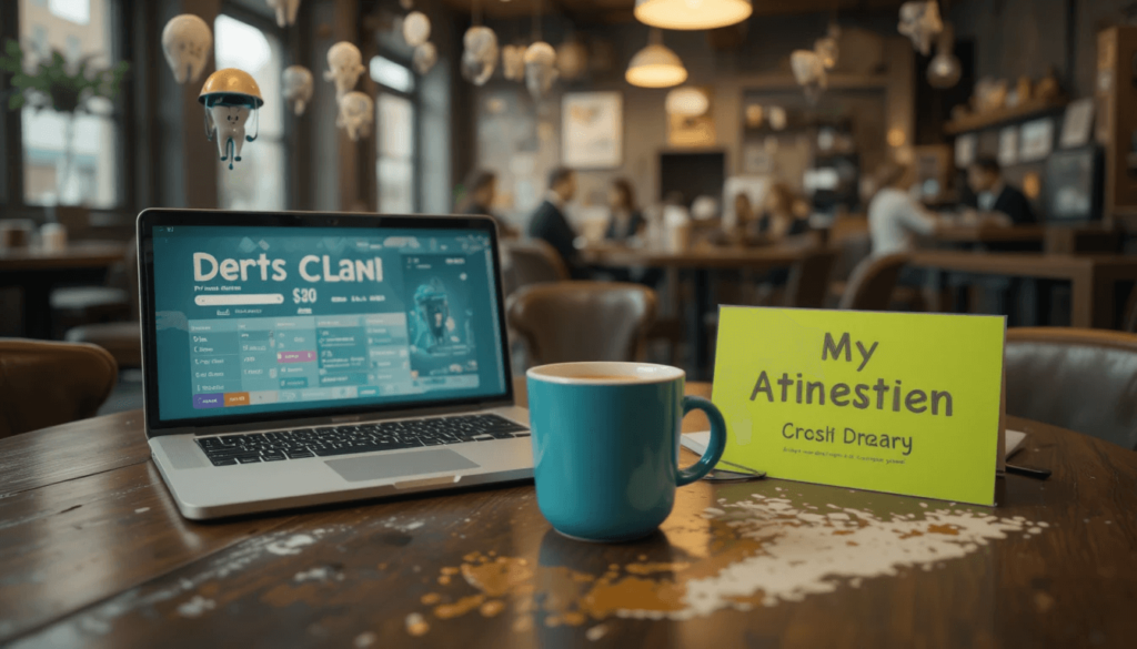 a spilled coffee mug, and a dental appointment