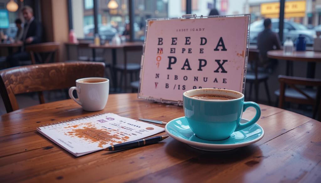 squinting POV, with a phone showing vision plan quotes