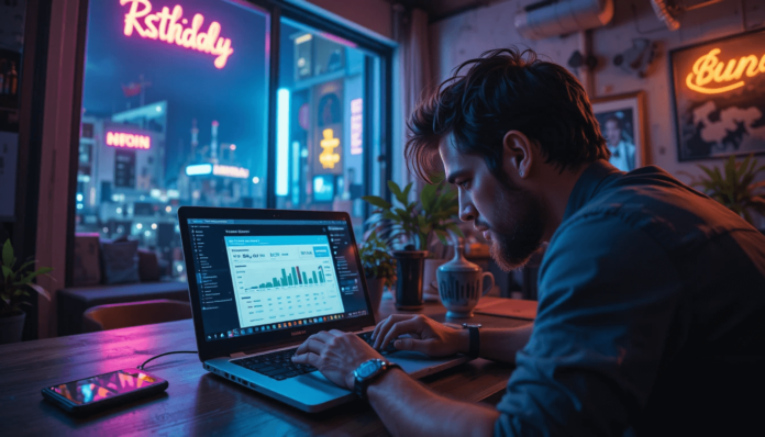 unusual angle catches the flicker of neon signs outside