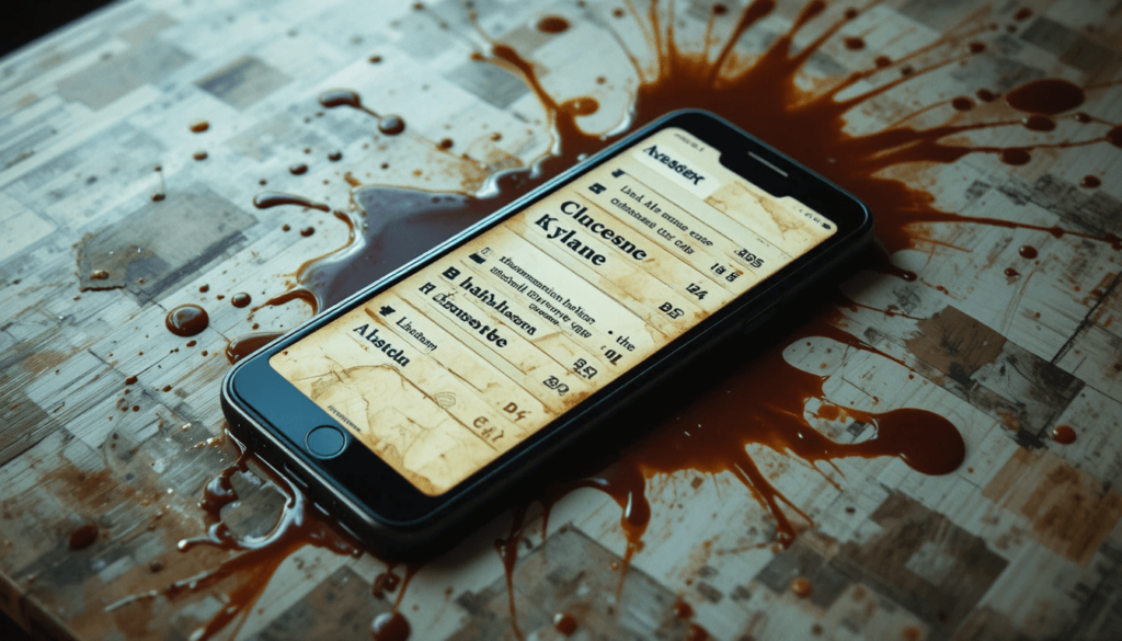 phone scroll on YNAB amid espresso spills