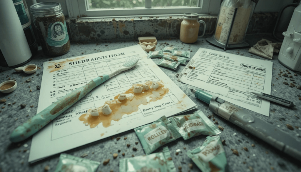 a half-filled insurance form, a toothbrush