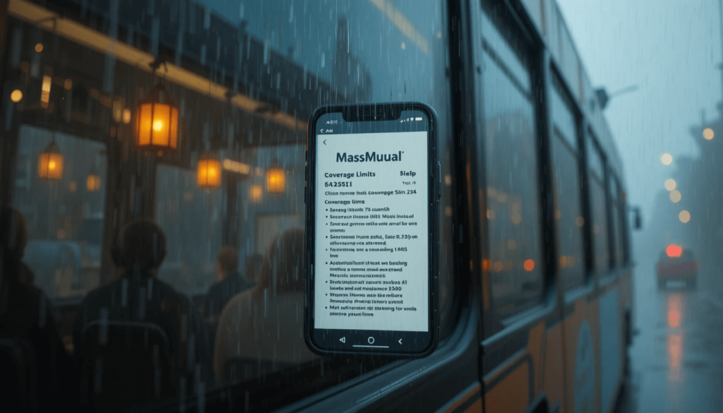 reflecting MassMutual’s coverage limits on my phone through rain streaks—unexpected motif: