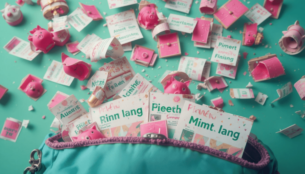 looking up at scattered Mint printouts raining down like neon confetti