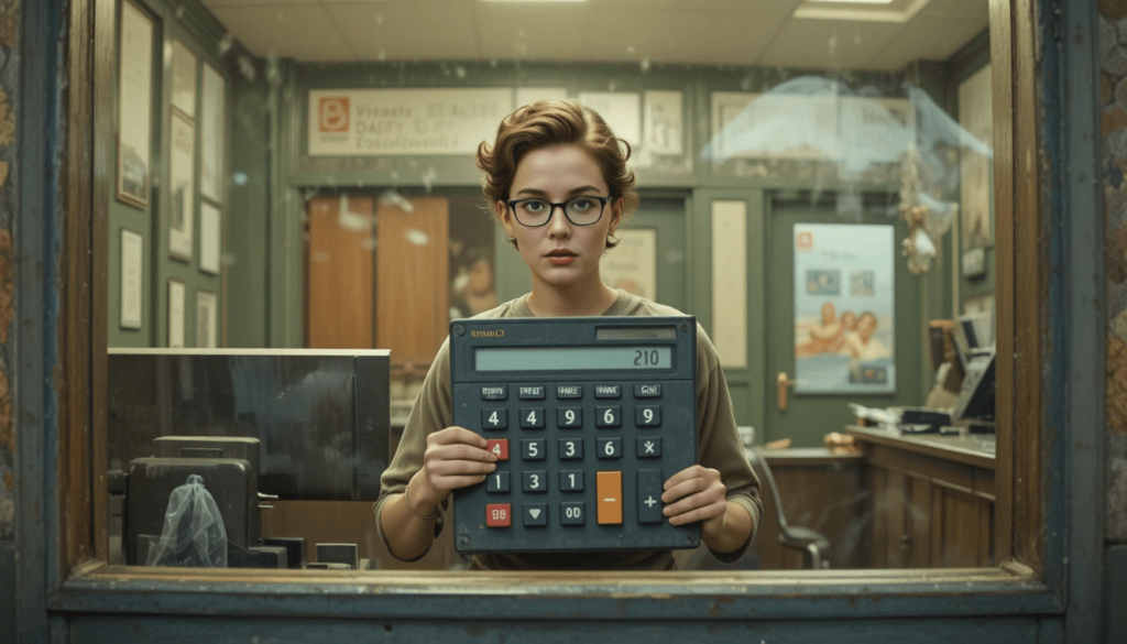 A retro bank teller window, but the teller’s holding a comically huge calculator.