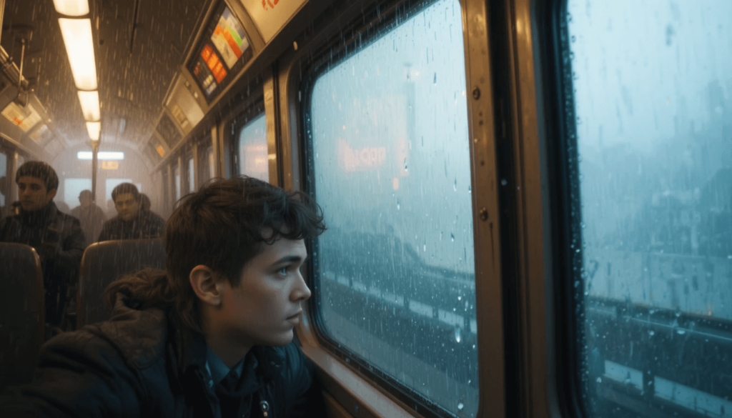 quirky struggle to fix your credit score; descriptive: rainy commute angle on a free tool.