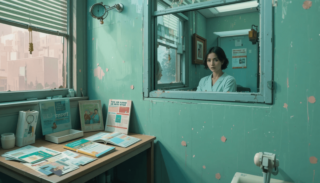 a doctor's waiting room from my POV, with faded health brochures scattered on a side table, a clock ticking slowly