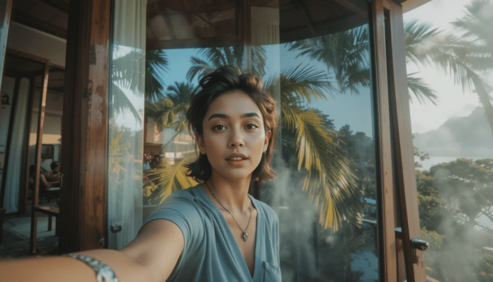 Balcony selfie checking Kayak for budget for a vacation