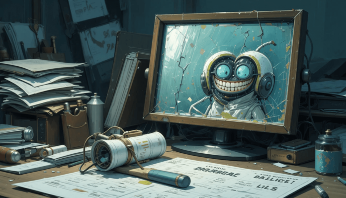 cracked mirror reflecting a grin—teeth in helmets add quirky humor.